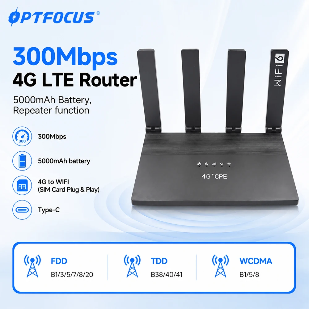 OPTFOCUS 300Mbps 4G LTE WIFI6 Router SIM CPE Wireless Router with 4 Antennas 5000mAh Battery for Outdoor Car Home Office
