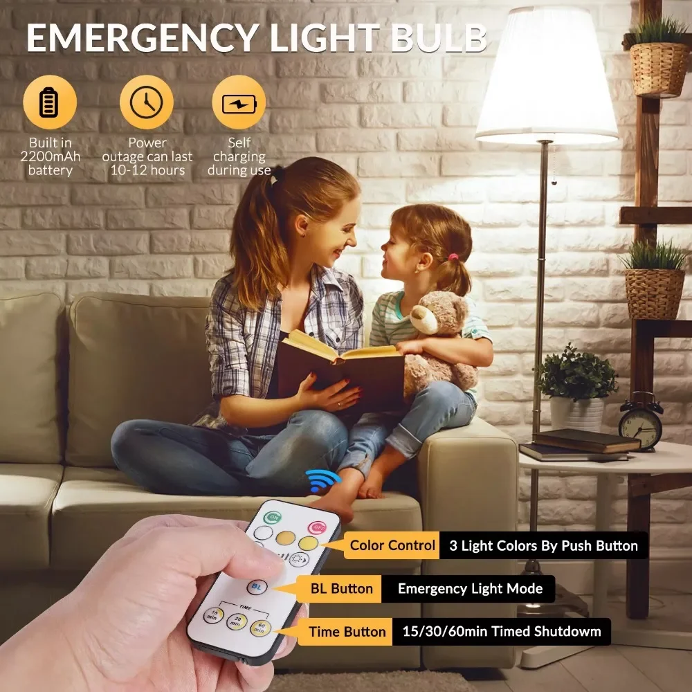 E27 Rechargeable Light Bulb 7W Double Charging Modes Bulb Dimmable Remote Control Lamp with Hook Emergency Bulbs