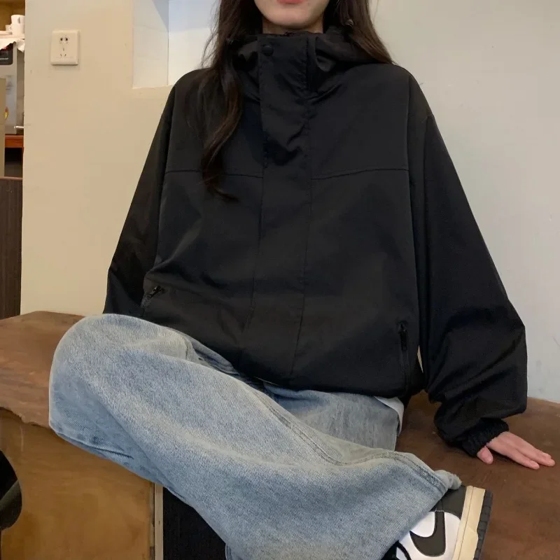 

Windproof Casual Loose Hooded Work Jacket Black Jacket Spring and Autumn Thin