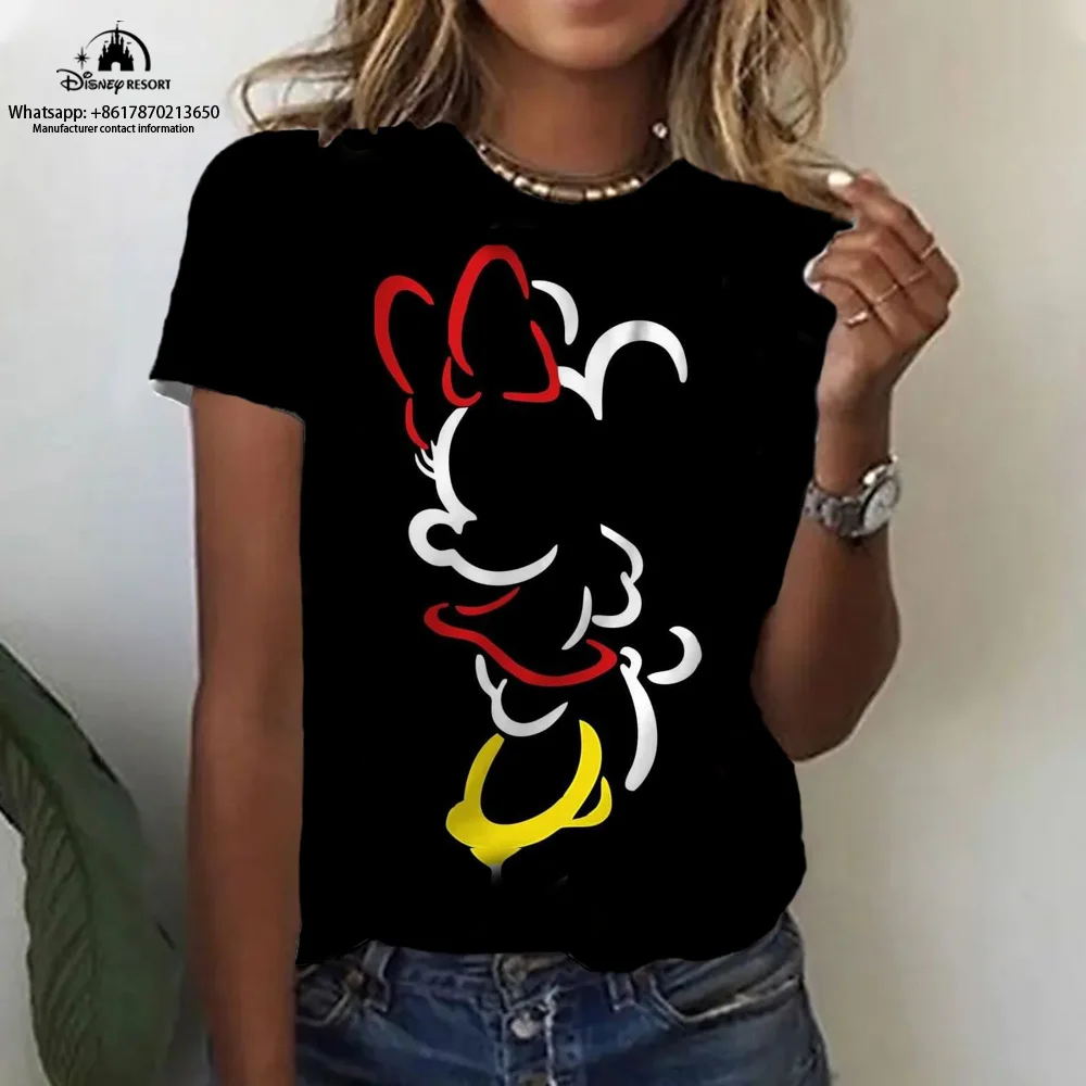 Camiseta cómoda de manga corta para mujer, camiseta de dibujos animados de Mickey y Minnie, camiseta informal de moda de verano 2024