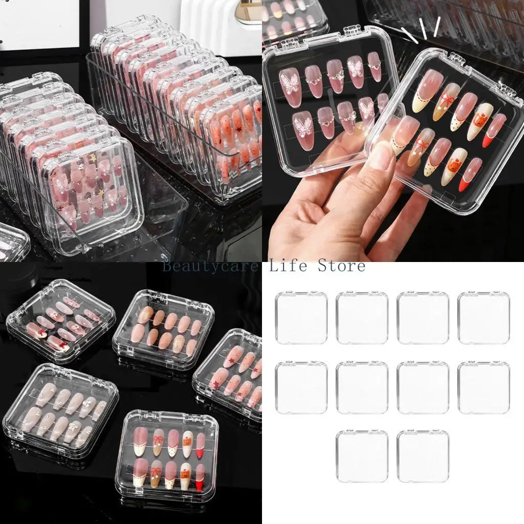 652C 10 PCS Clear Appuyez sur Boîte rangement à ongles pour les fournitures salon faux ongles
