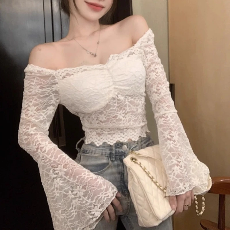 

OCEANLOVE Lace Shirts&blouses Women Tops Spring Autumn Slash Neck Sexy Blusas Mujer Korean Fashion Flare Sleeve Camisas