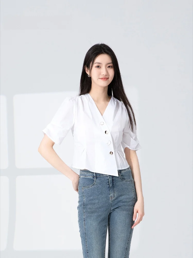 

Dailanzhi Summer New White V-ne Seven-quarter Sve Slim-fit Commuter irt Women's Faion Busin Casual irt