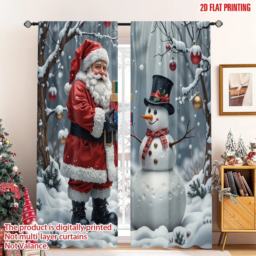 

2pcs 2D flat printing Merry Christmas Scene Curtains Santa Snowman Gifts Christmas 100% Polyester Without Electricity Festive