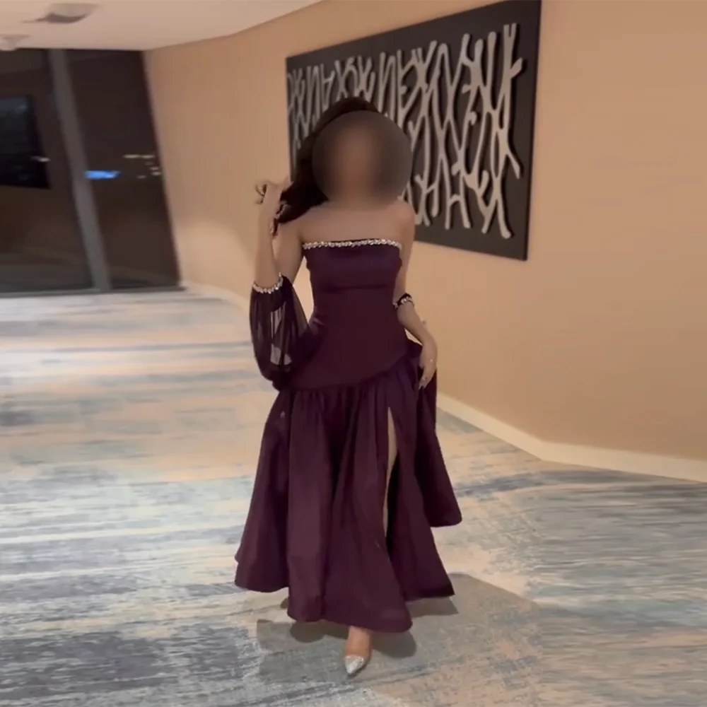

Customized Strapless Evening Dresses rhinestone Beading Draped Side High Slit Midi Prom Gown Simple A-Line Long Party Dress
