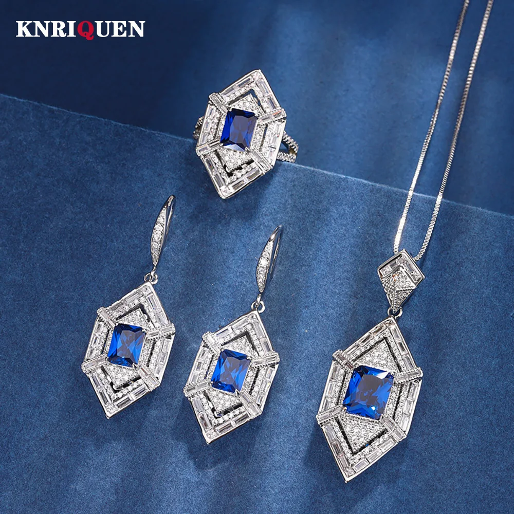 

Retro Sapphire Necklace Pendant Rings Drop Hook Earrings Lab Diamond Wedding Party Fine Jewelry Sets for Women Anniversary Gift