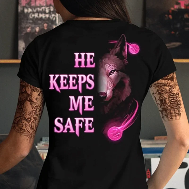 She Keeps Me Strong He Keeps Me Safe Couple Matching T Shirt Wolf Couple T Shirt Casual Black Shirt Tops Valentine Shirts