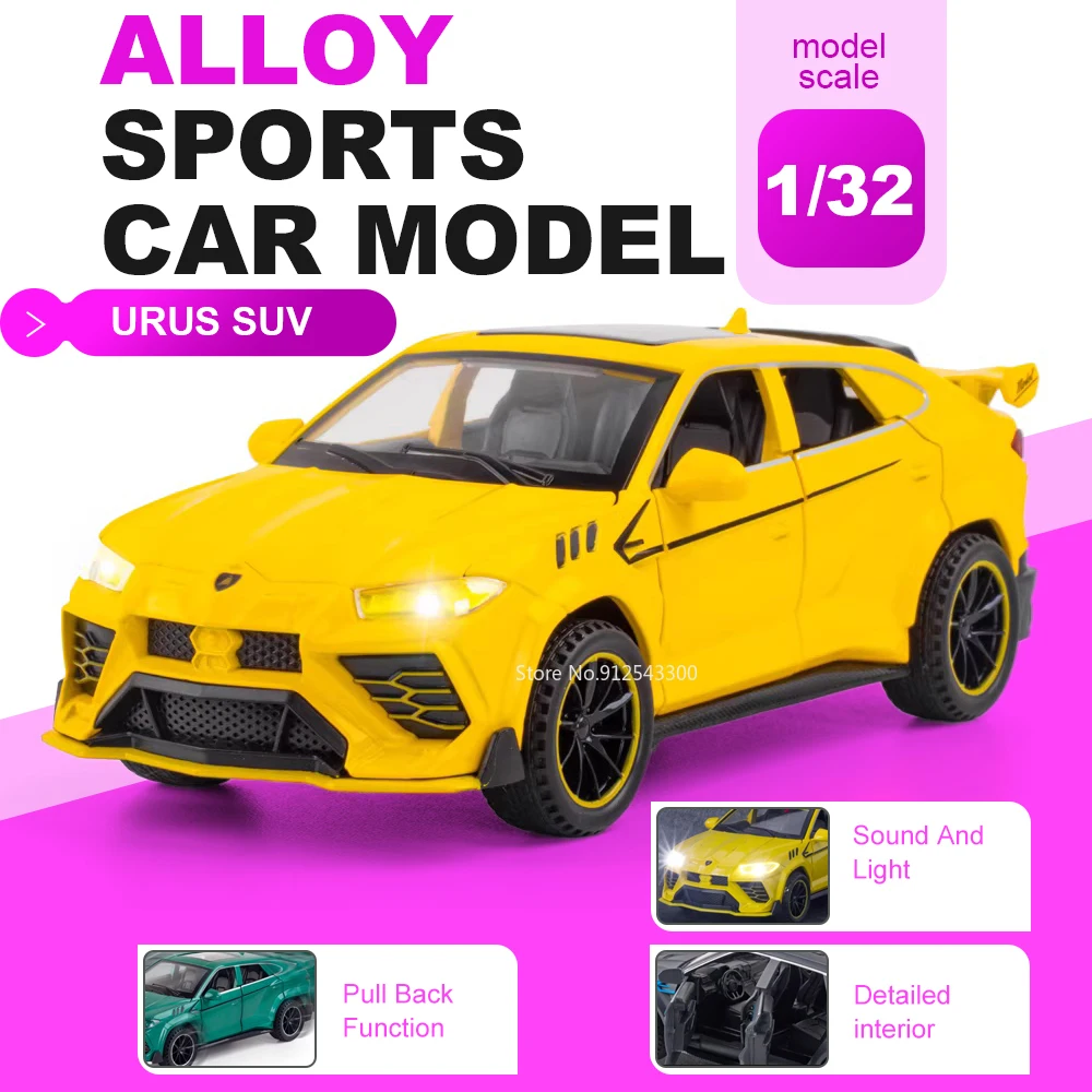 

1:32 URUS SIAN Model Car Toy Doors Opened Alloy Body Vehicle Rubber Tires Metal Diecast Miniature Models for Child Holiday Gifts
