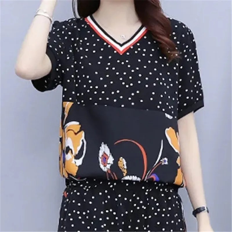 Set Female 2024 Summer New Suit  2PCS M-5XL Two Piece Women\'s Wide Short Sleeve Top Printed Ladies Outfit Jacket