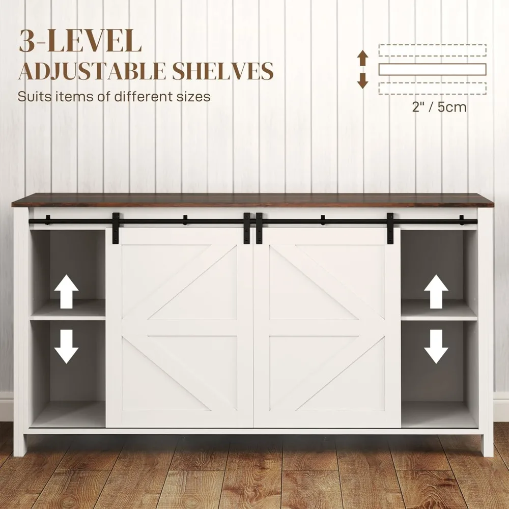 Farmhouse Sideboard Buffet Cabinet with Storage,60" Kitchen Cabinet with 2 Sliding Barn Doors,4 Drawers and 2 Adjustable Shelves