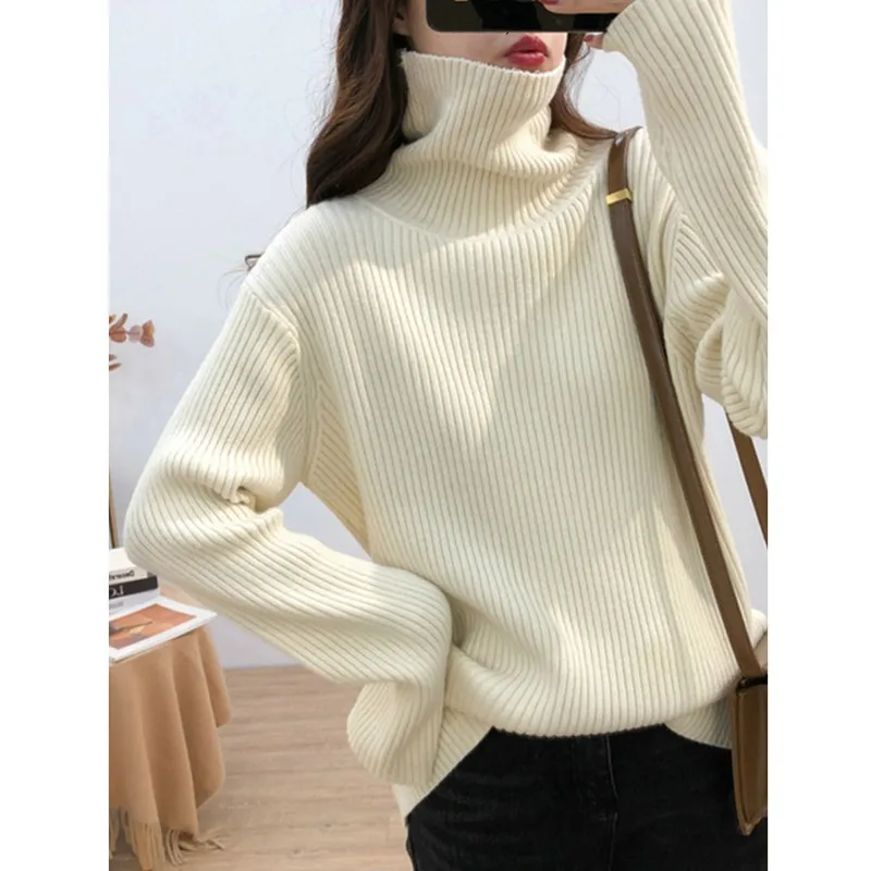 

2023 New Arrival Autumn Women Casual Loose Fit Turtleneck Collar Long Sleeve Sweater All-matched Vintage Soft Pullovers T02