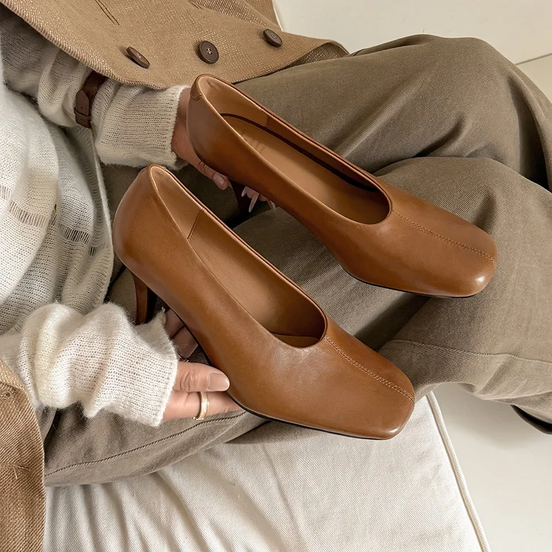 Woman Shoes Sexy Heeled for Retro Pumps French Style Leather Pumps Slip on European Spring High Heels Handmade Vintag Dress Pump