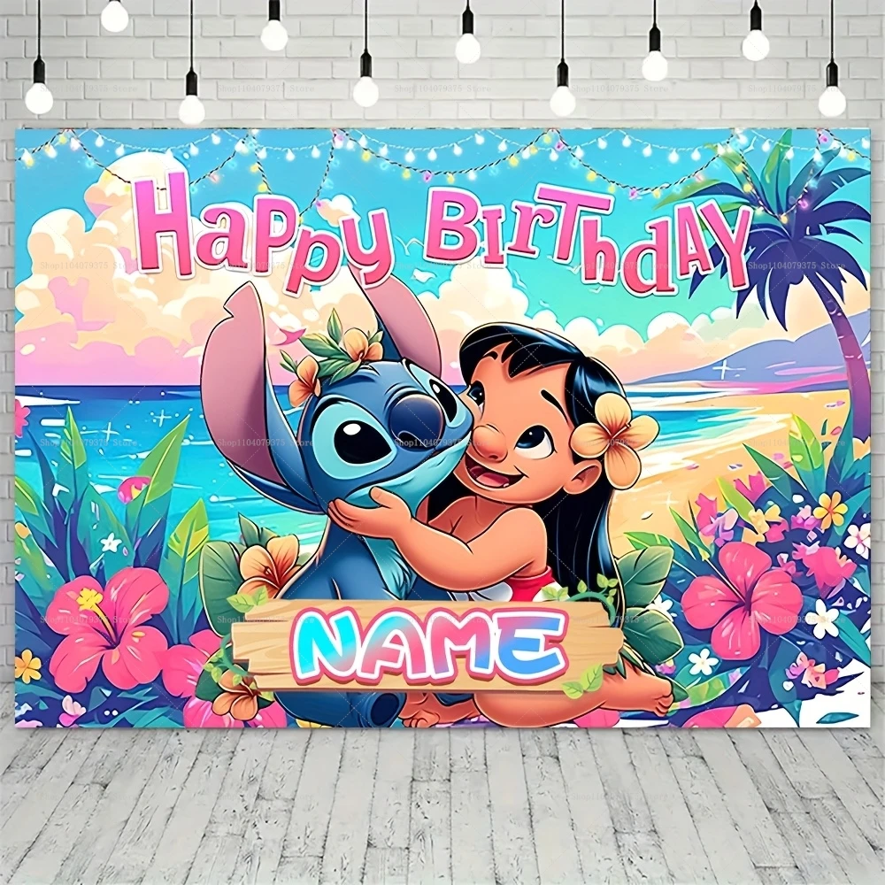 Sfondo fotografico personalizzato Disney Cartoon Lilo & Stitch Nome personalizzato Decorazione di compleanno per bambini Forniture per feste Banne