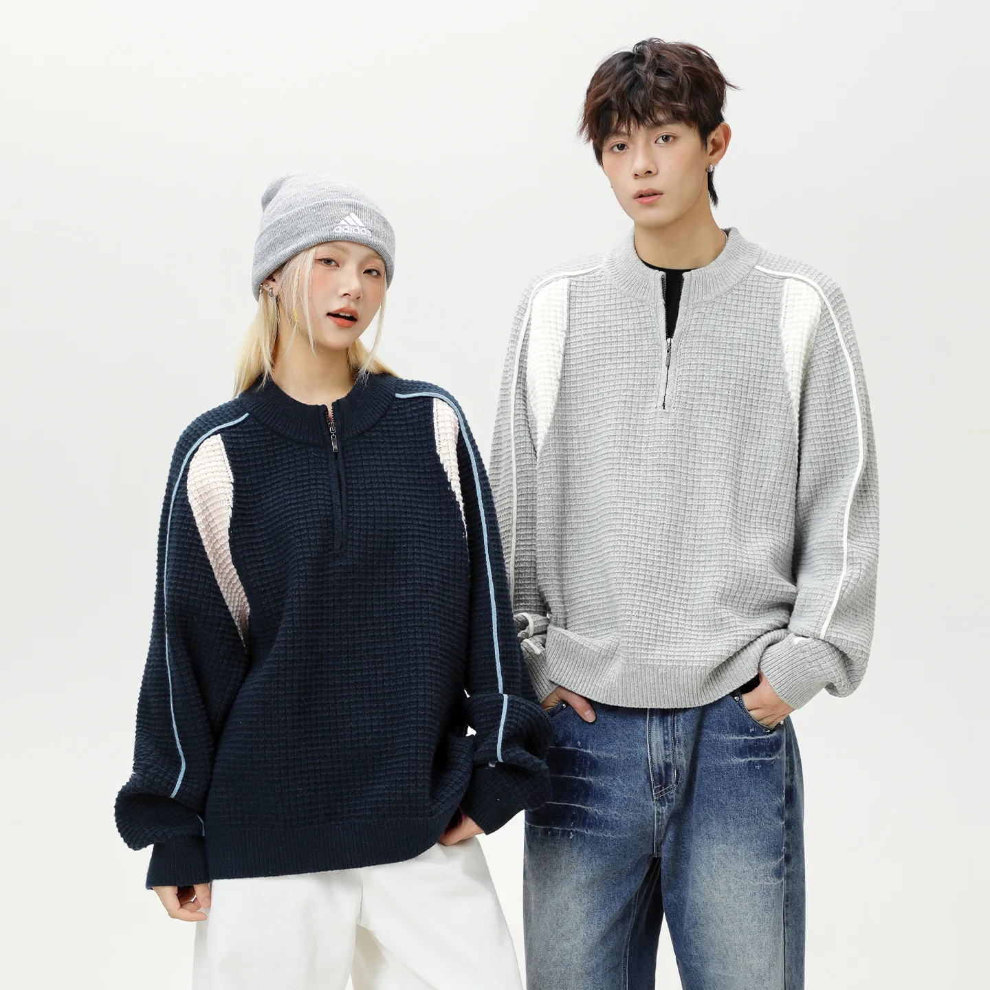 

Color Blocking Splicing Half Zip Mid Neck Sweater for Couples in Autumn and Winter, Mesh Texture Warm Knit Sweater Jacket