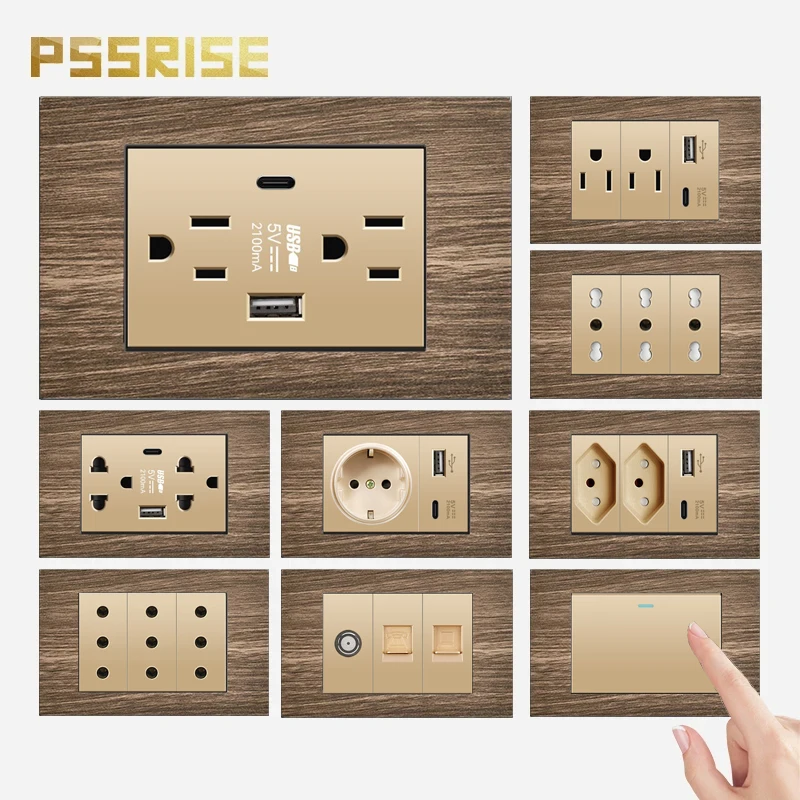 PSSRISE 118 Brazil EU Thai US Wall Power Socket with 5V 2.1A USB Type-c Charger Wood Grain Panel Light Switch TV Computer Outlet