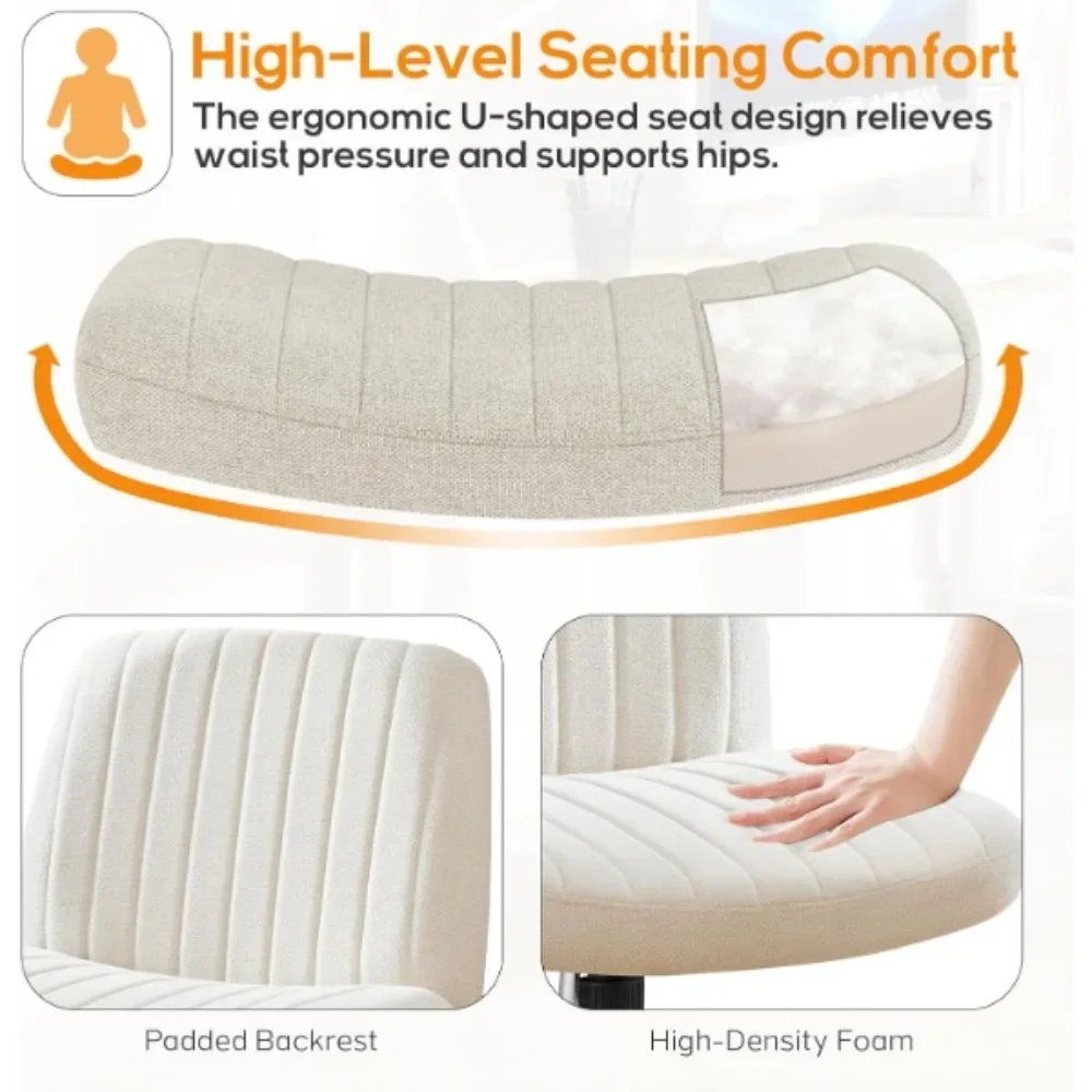 クロスチェアレッグオフィスワイド快適デスクシート、ホイールなしアームレスコンピュータタスクシート、回転式バニティホーム高さ調節可能