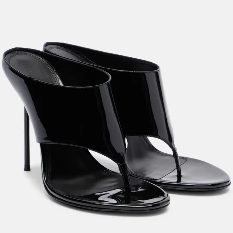Flip Toe High Heel Patent Leather Slippers Sexy Round Toe Slip On Solid Customized New Arrivals Fashion Women Modern Shoes
