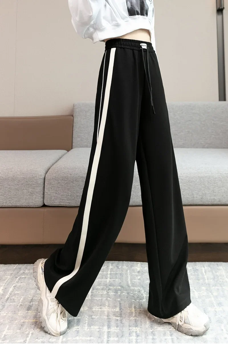 Calça feminina de perna larga listrada lateral, solta casual de cintura alta, bandagem, elástica, combina com tudo, primavera, outono, nova