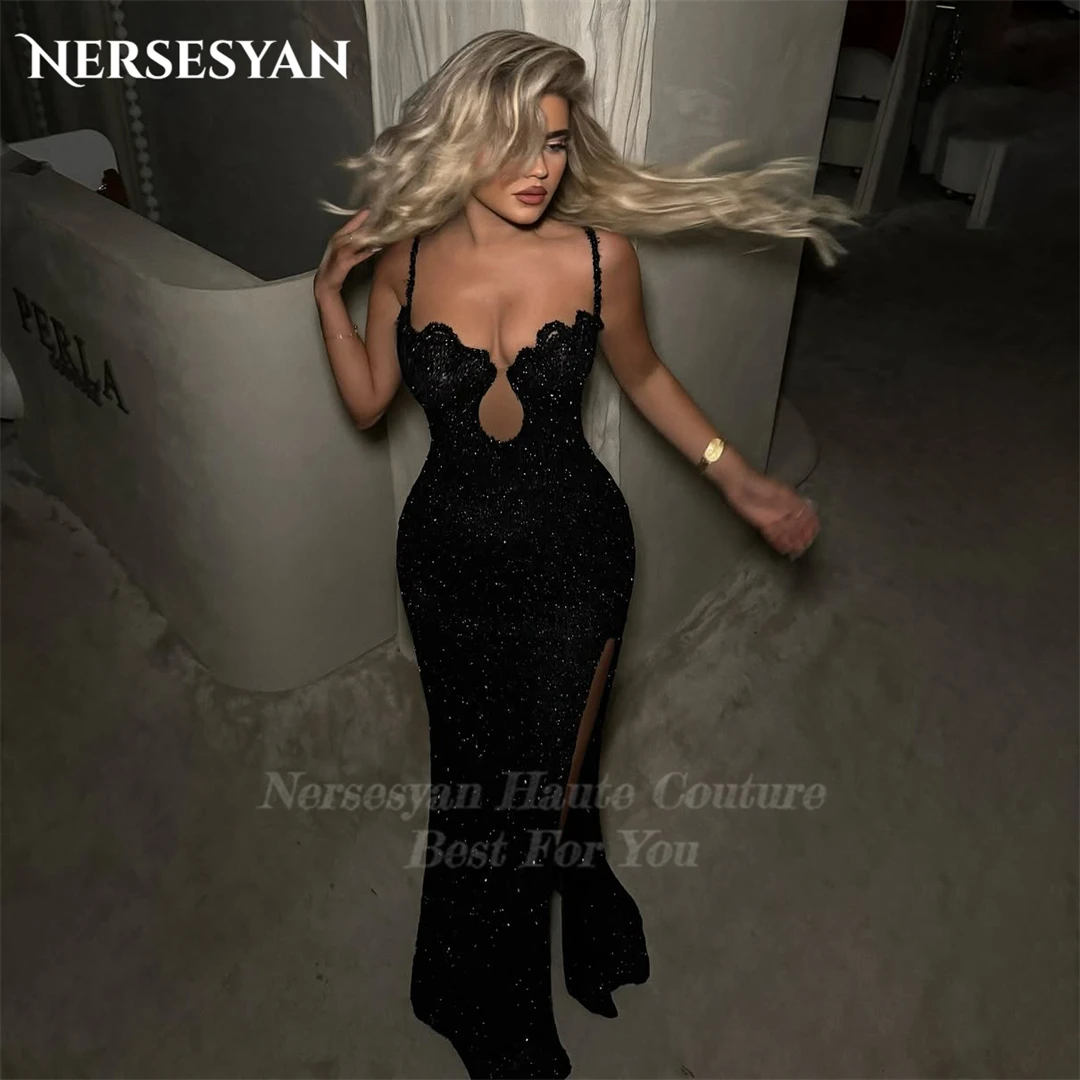 

Nersesyan Black Glitter Mermaid Evening Dresses Spaghetti Straps Sequins Formal Dress Side Slit Bodycon Party Gowns Customized