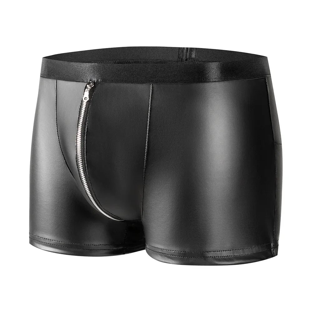 Men Underwear Sexy Faux Leather Boxers Shorts Lingerie Male Boxer Shorts Erotic Zipper Open Crotch Leather Gay Casual Underpants