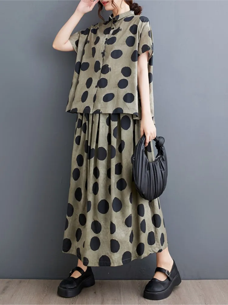 Oversized Polka Dot Print Summer 2 Two Piece Set Women Irregular Casual Fashion Ladies Blouses Loose Ruffle Pleated Woman Skirts