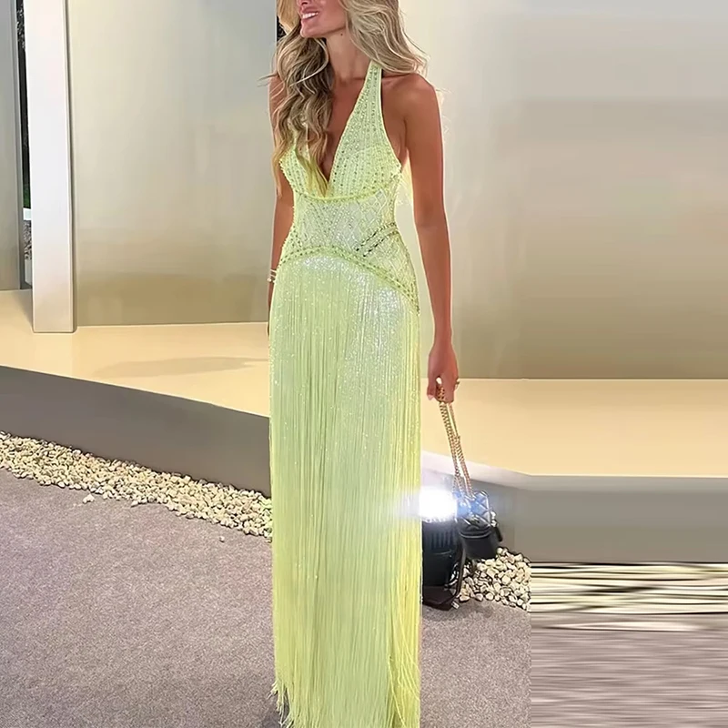 Sexy High Waist Women's Prom Gown Luxury V-neck Rhinestone Slim Tassel Evening Dress Elegant Sleeveless Backless Banquet Dresses