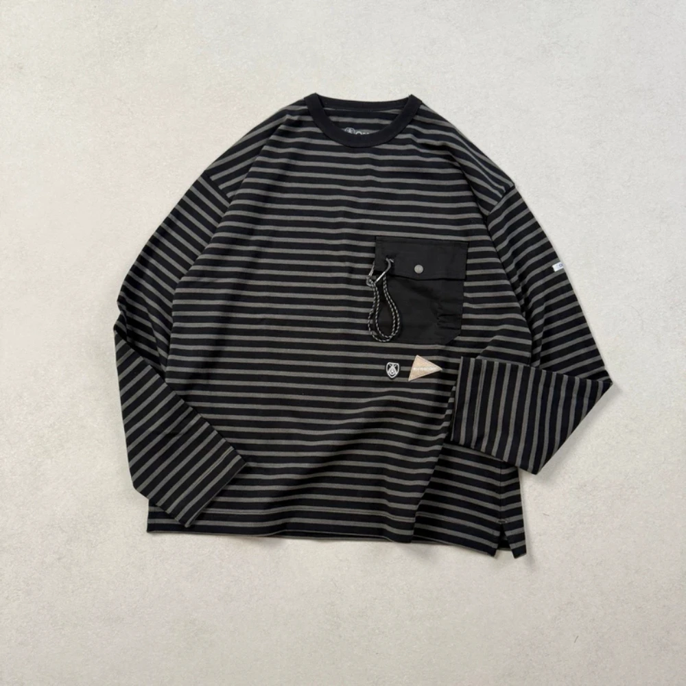 AND WANDER Striped Long Sleeve T Shirt Men Heavyweight Cotton Tee Utility Pocket Crew Neck Outdoor Casual Streetwear Top Autumn