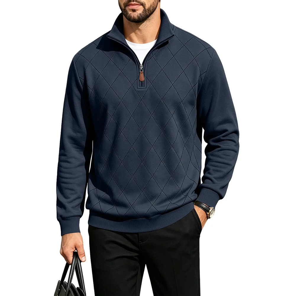 Men's Half Zip Plaid Sweatshirt Fleece Lined Long Sleeve Pullover Casual Daily Wear Work Top Spring Autumn Winter Beige Blue