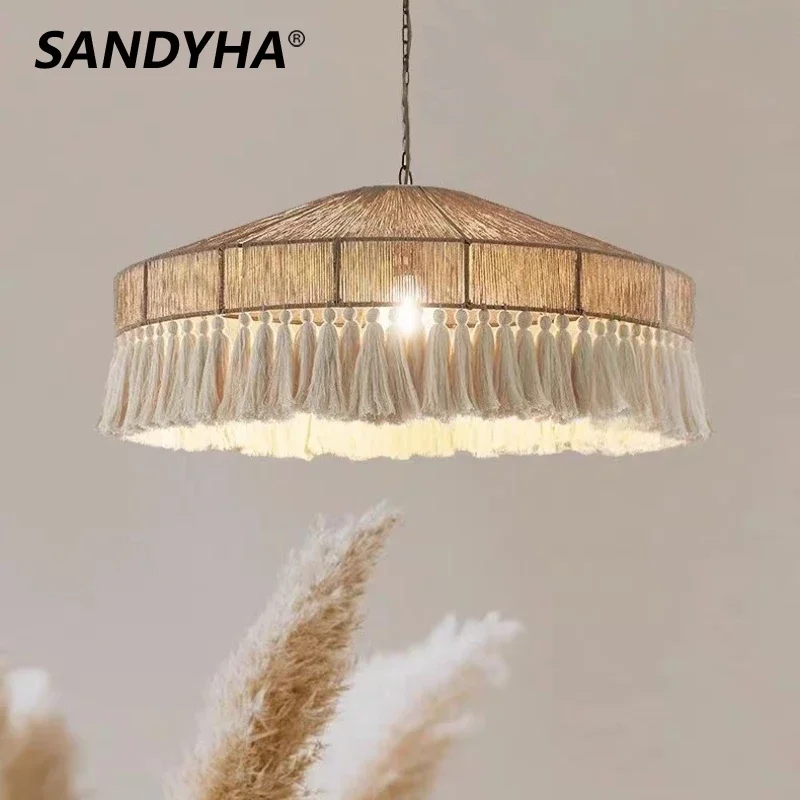 Retro Bohemian Pendant Light Hemp Rope Tassel Lustre Ceiling Chandelier Home Decor Living Room Bedroom Dining Table Led Lights