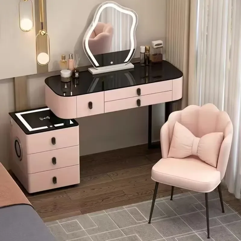 Small Makeup Vanity Desk with Mirror, White Pink Gray Vanity Table Set with Storage Drawer Bedroom