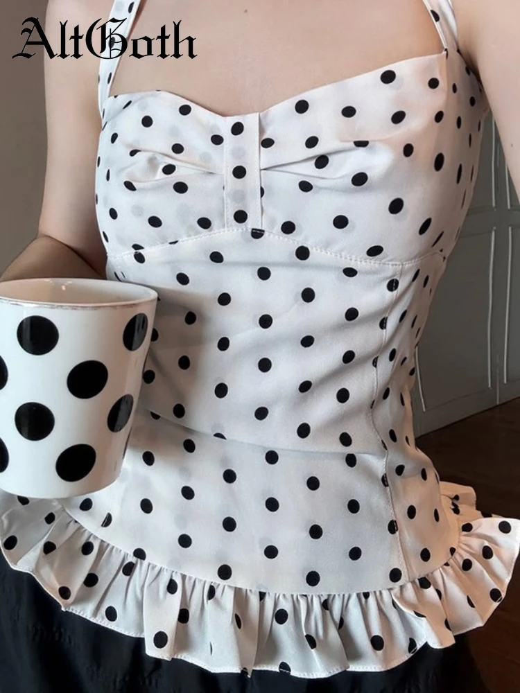 AltGoth Aesthetic Chic Y2k Camisole Women Pastel Goth Streetwear Sweet Polka Dot Backless Halter Corset Crop Tank Tops Female