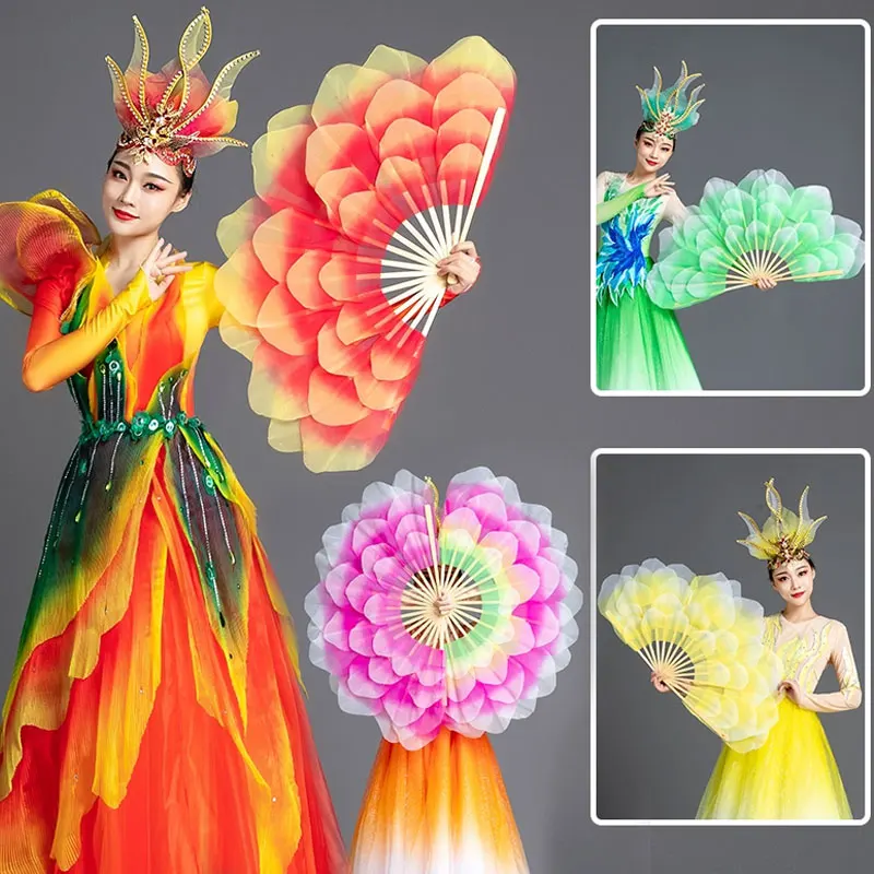 Red/Yellow/Green Peony Flower Hand Fan Large Double-sided Petals Dancing Fan Party Stage Decor Props Foldable Bamboo Bone Fan 