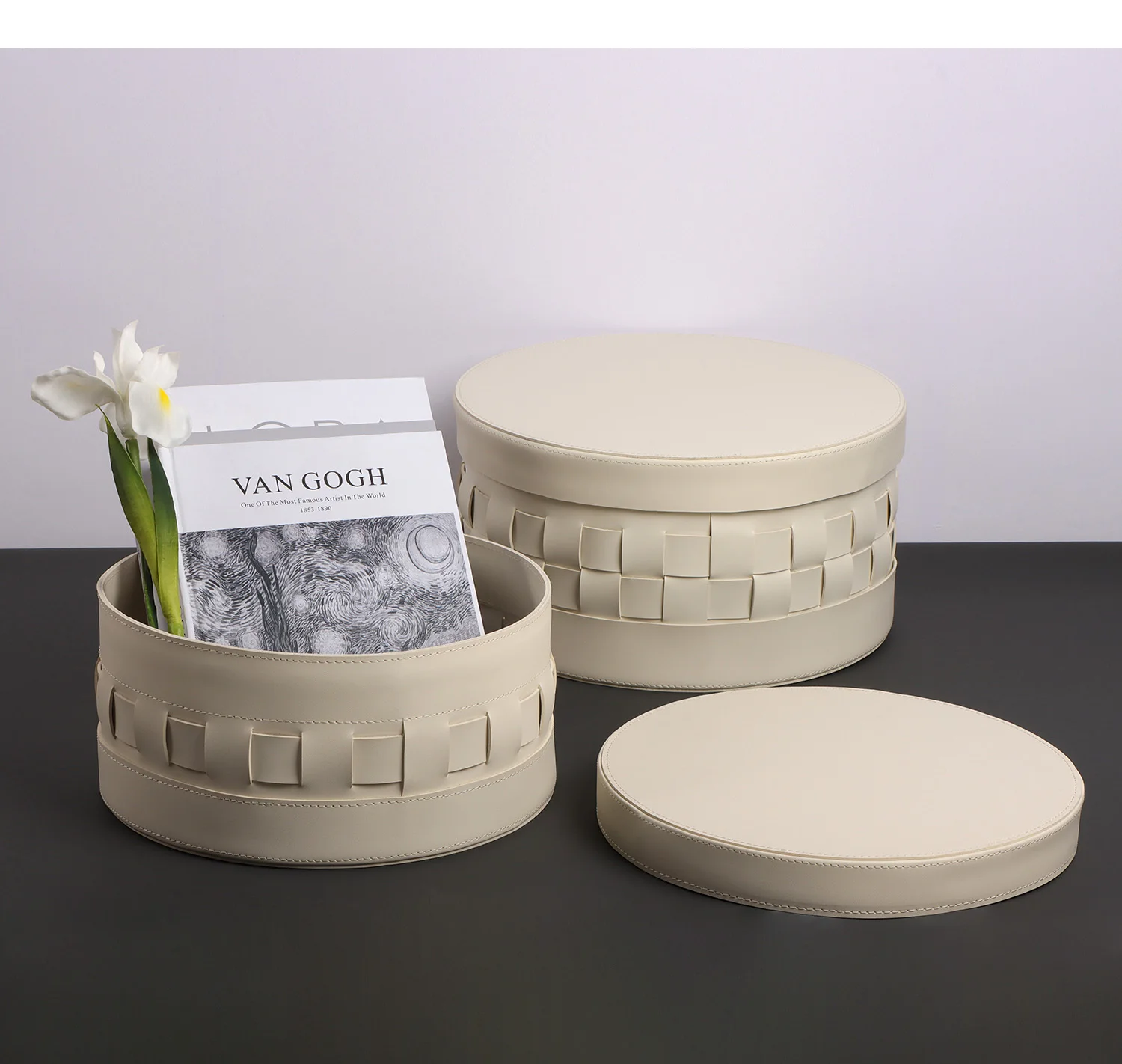 Modern Simple Circular Woven Storage Box, Light Luxury Leather Basket, Bedroom Soft Home Accessories, Beige and White