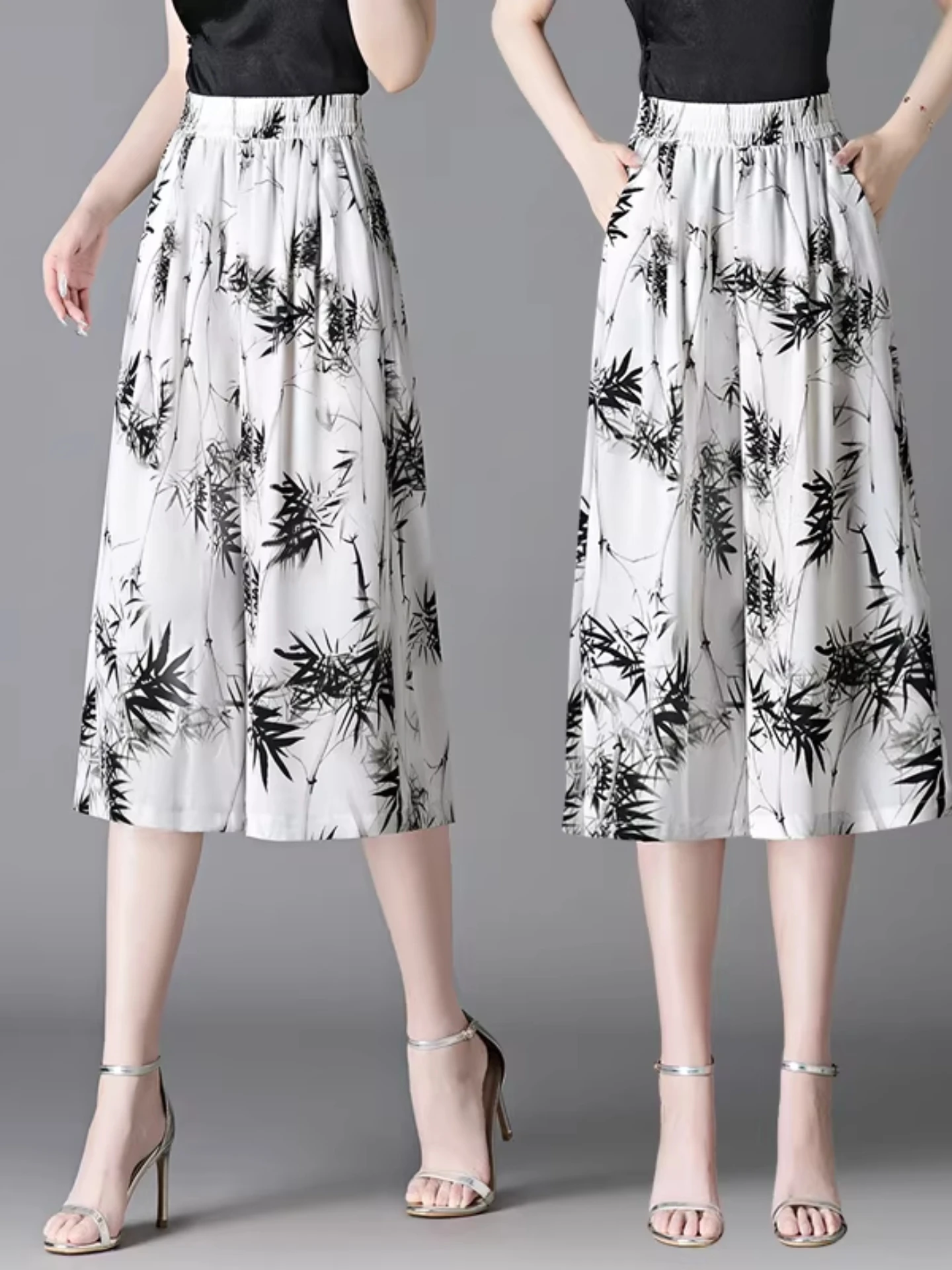 

Water-Media Painting Chinese Style Ice-Silk Wide-Leg Pants Summer Thin Loose Casual Slimming Seven-Quarter Length Trousers