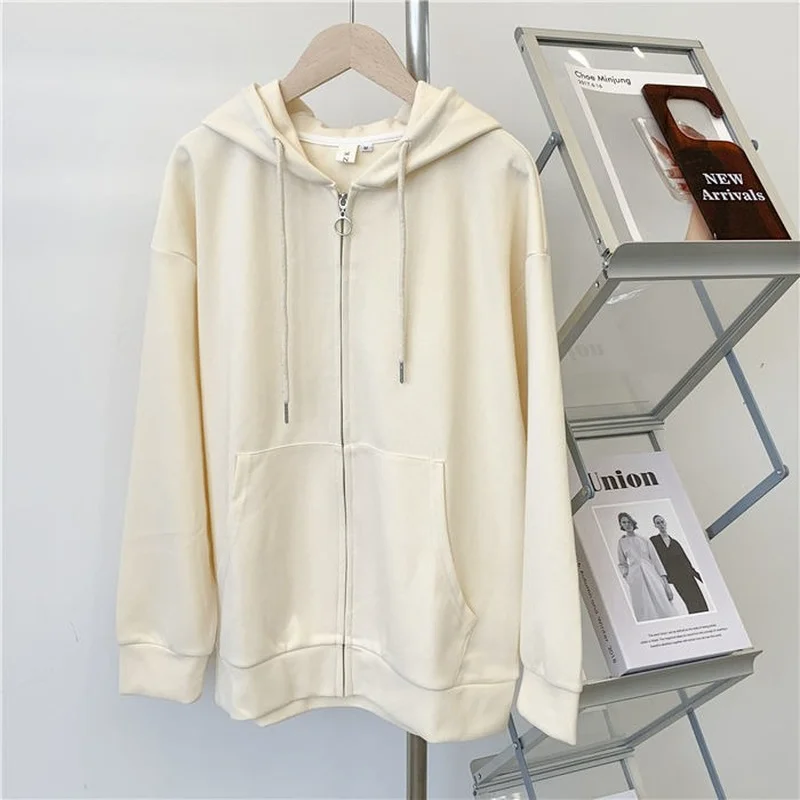 Zip-up Hoodies Women Casual All-match Ulzzang Pockets Solid Purple Hooded Sweatshirts High Street Loose Outwear Students Stylish