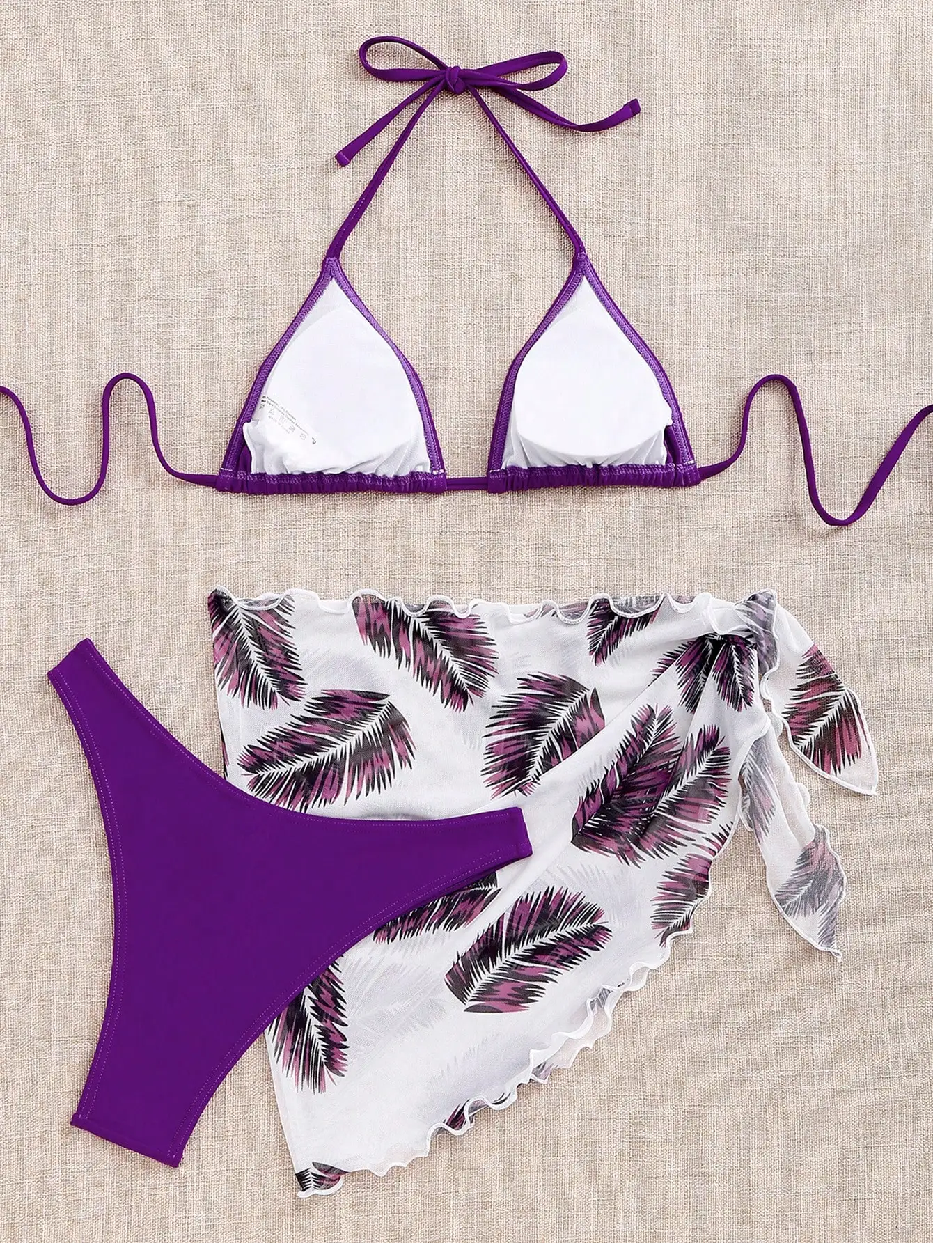 

3 Piece Beach Bikini Set With Palm Print Cover Up Skirt
