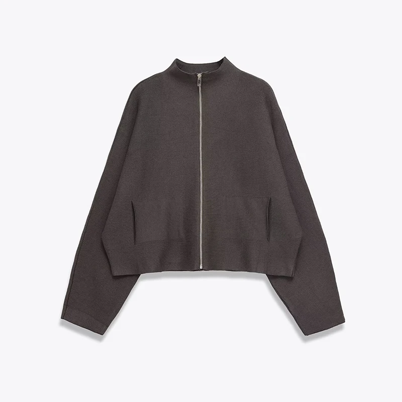 

Новая женская осенне-зимняя вязаная куртка на молнии спереди с высоким воротом и длинным рукавом, короткое пальто большого размера, женская уличная одежда