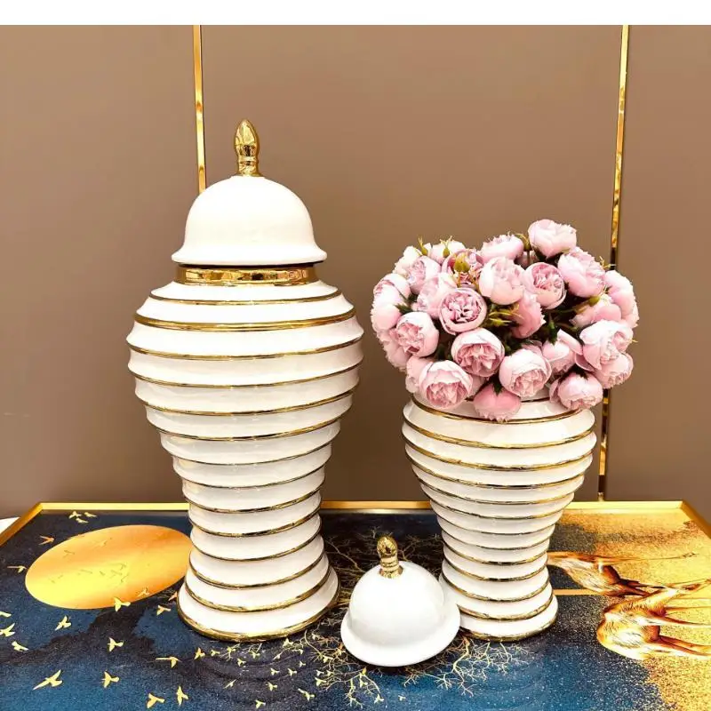 

European-style Electroplating Gold Ceramic Ginger Pot Luxury Crafts Flower Arrangement Vase Modern Home Decoration Ornaments