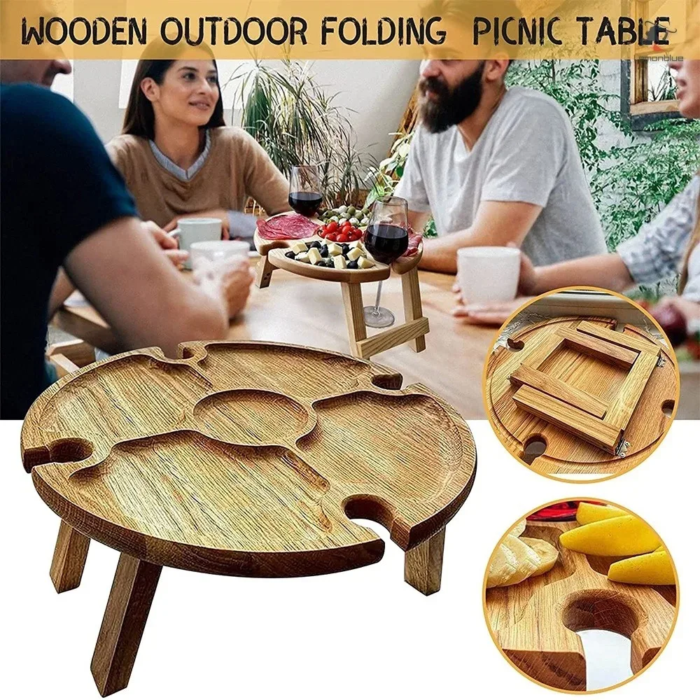 Wooden Outdoor Folding Picnic Table Creative Collapsible Portable 2 in 1 Round Wine Glass Rack for Lawn Garden Outdoor Party