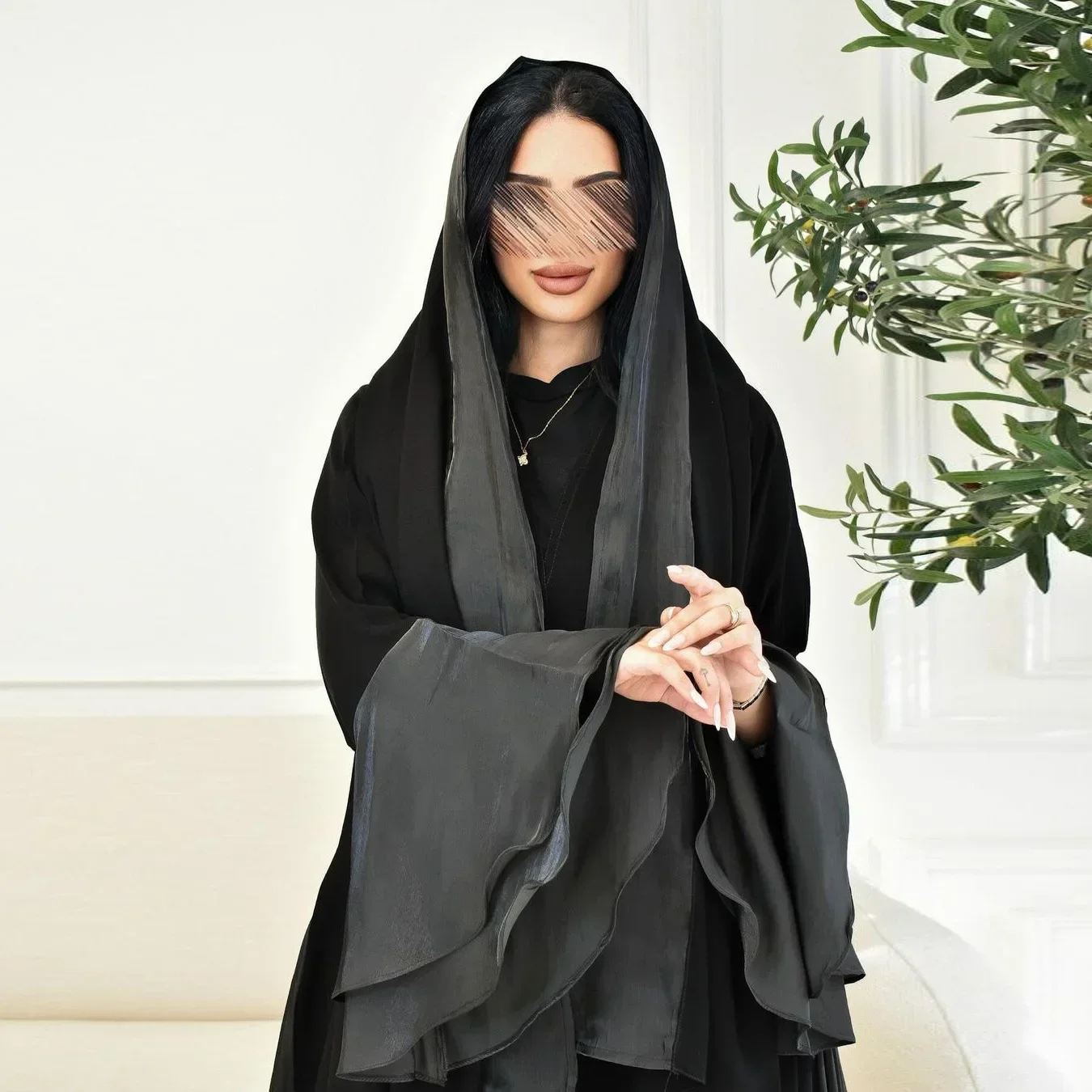 Eid Abaya abierta de satén brillante con mangas con volantes vestido musulmán mujeres Abayas turcas Dubai ropa islámica bata de boda Musulmane