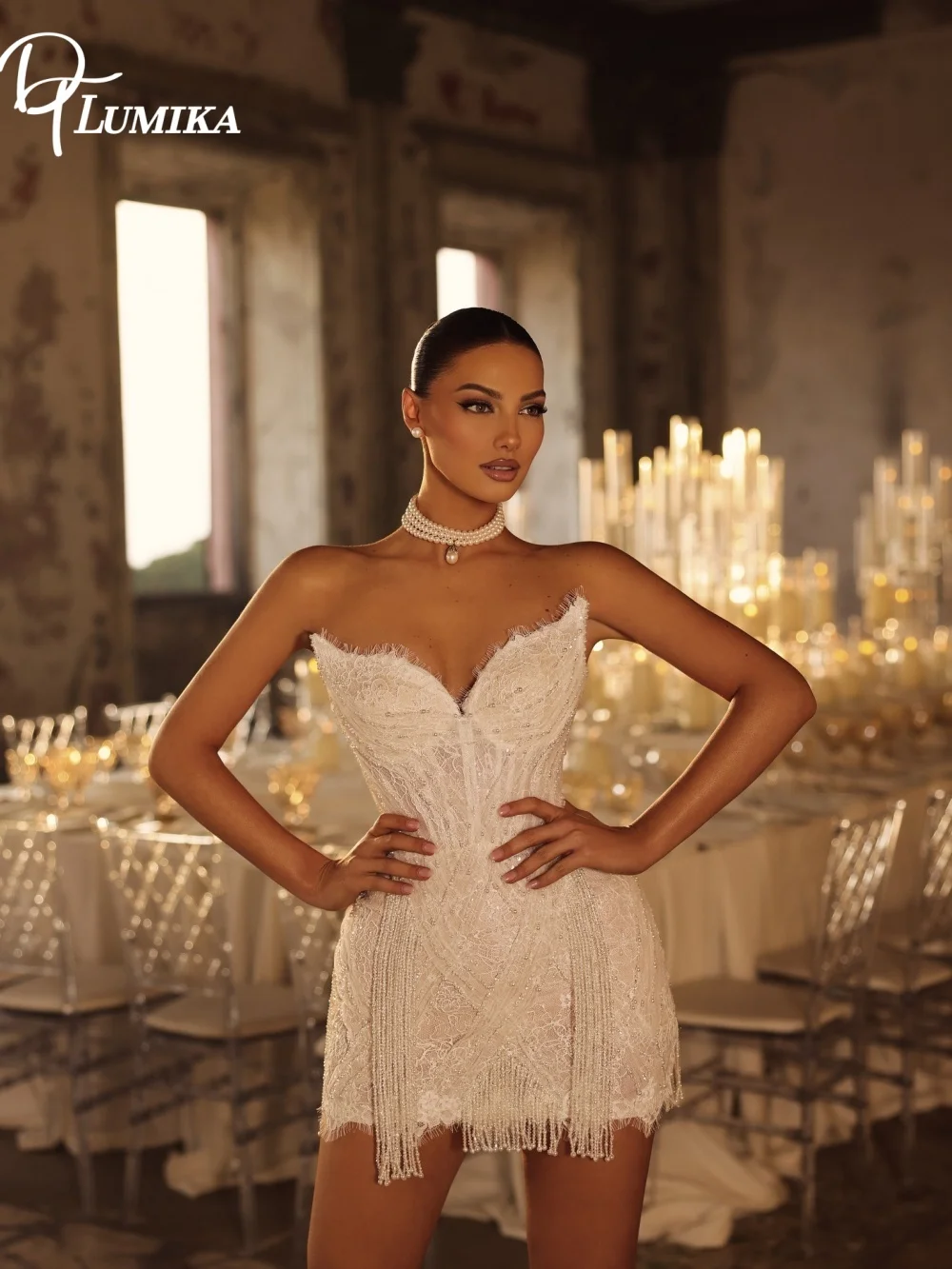 

Sparkly Fitted Mini Bridal Gown Customized Strapless Lace Wedding Dress Beaded Fringe Elegant Vestido De Novia for Pre Wedding