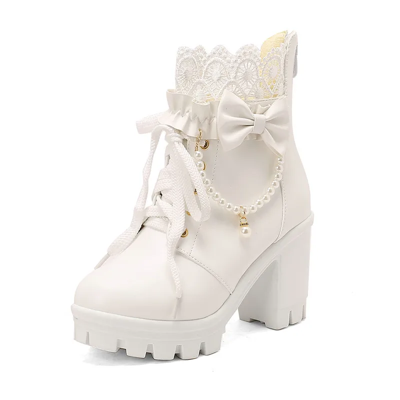 

9cm Fashion Bow Ankle Boots Lace Up Chunky Heel Sweet Lolita Shoes Sissy Men Halloween Cosplay Princess Maid Booties String Bead