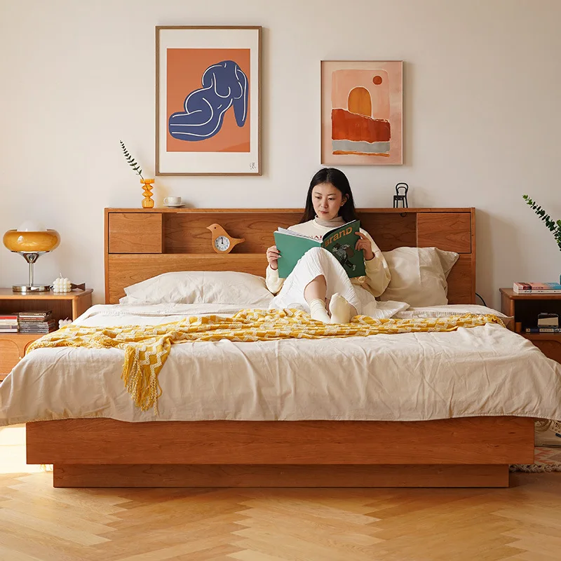 

Full solid wood box bed 1.8m double storage bed wood wax oil 1.5/1.2 storage suspension bed cherry wood