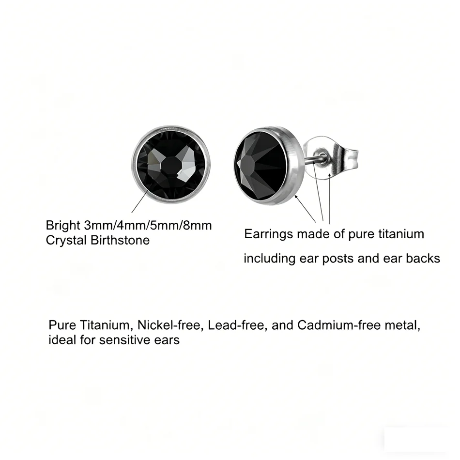 Hypoallergenic Black CZ Earrings for Man Women G23 Titanium Get Crystal Stud Earrings 3mm 4mm 5mm 8mm Stone Stone Earings aretes - view 3