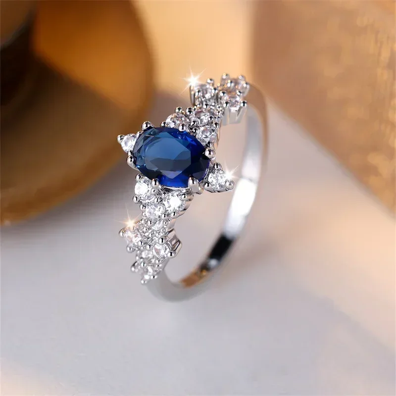 Oval Royal Blue Stone Wedding Bands Silver Color Metal White Zircon Flower Rings For Women Female Daily Party Birthday Jewelry