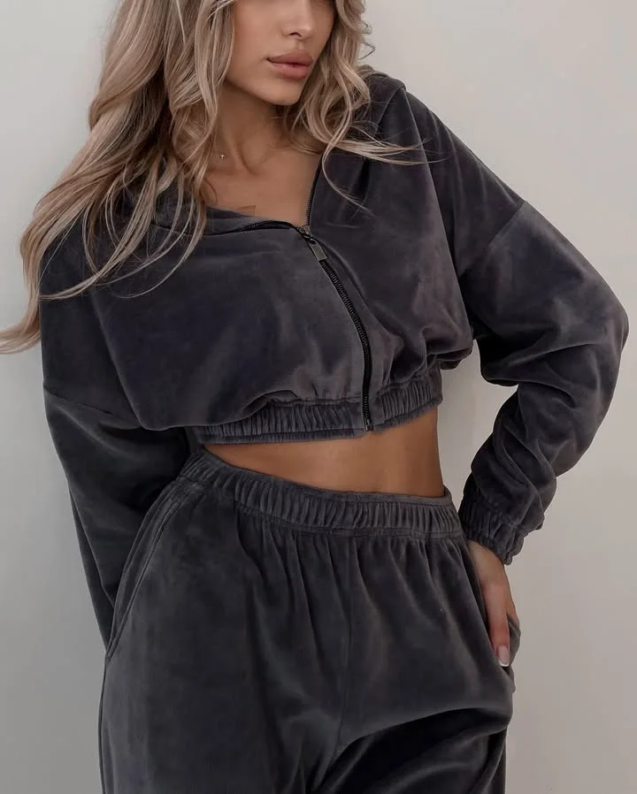 

Винтажные комплекты для женщин, модный повседневный комплект из 2 предметов с длинными рукавами, однотонная свободная молния, новинка 2025, осенне-зимние комплекты брюк