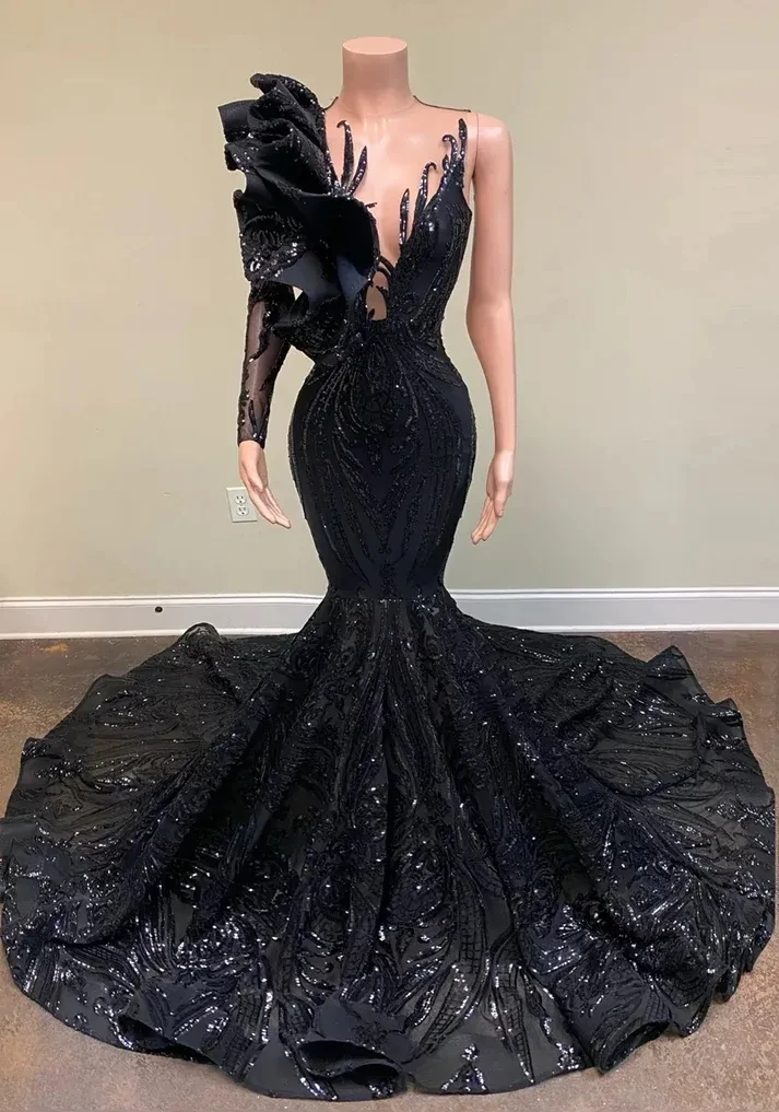 

Sparkly Black Sequins Evening Dresses Mermaid Single One Long Sleeves Women Formal Long Prom Gowns Night Party Maxi Robe Sexy De