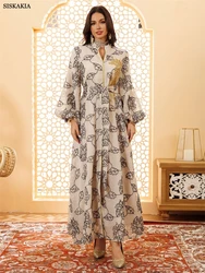 Siskakia Ramadan Dubai Beading Line Embroidery Abaya Muslim Elegant Women Evening Dress Puff Sleeve Kaftan