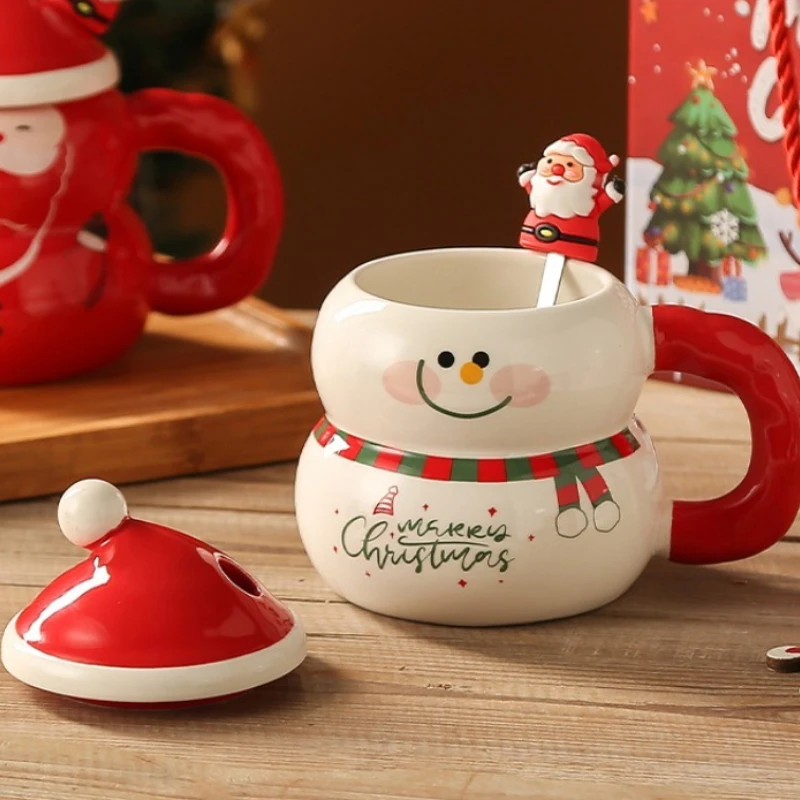 Christmas Ceramic Cup with Lid Spoon Large Capacity Cartoon Christmas Mug Home Holiday Atmosphere Gift Dropshipping