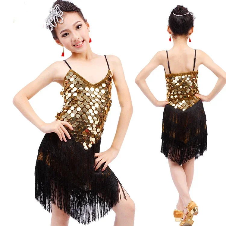 Pailletten Fringe Jurk Dans Goud Latin Competitie Kostuums voor Meisjes Salsa Jurken Met Kwastjes Samba Kleding Kinderen Ballroom